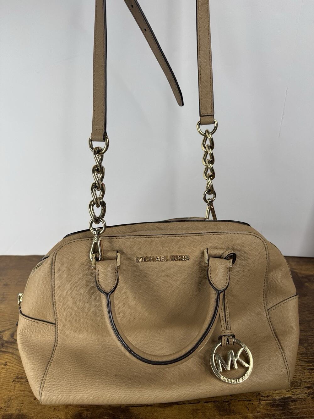 Michael Kors Emmy Large Dome Satchel Beige Saffiano Leather Crossbody Handbag